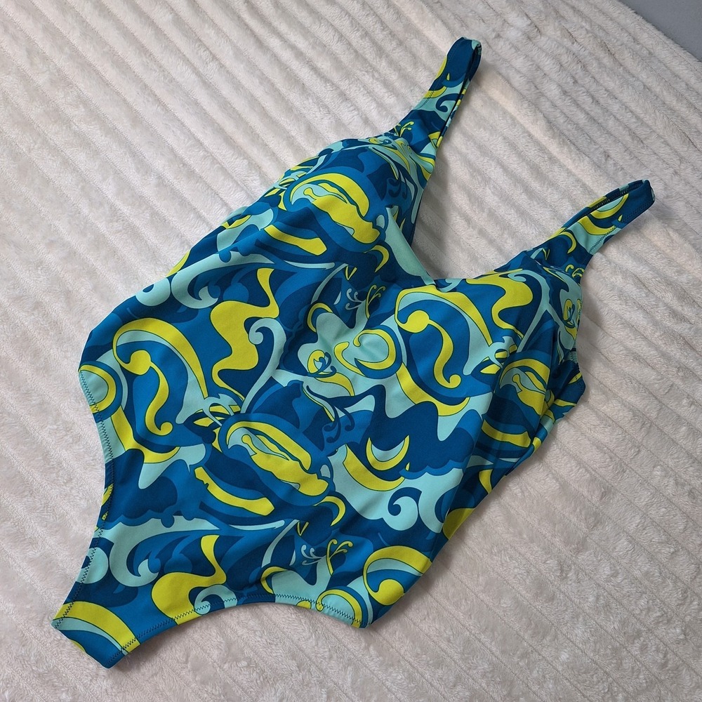 PSYCHEDELIC One Piece Swimsuit Womens 8‎ Teal Yellow Retro Abstract Padded Bra